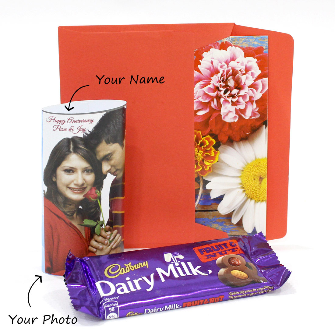 Cadbury Dairy Milk Fruit & Nut in Personalized Happy Anniversary Wrapper &  Card