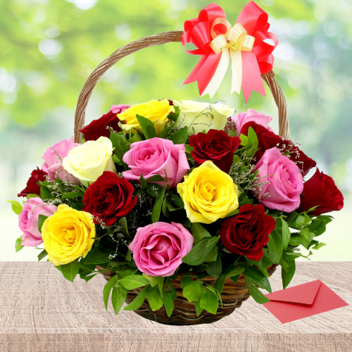 Rainbow Of Joy - 25 Mix Roses in Basket + Card