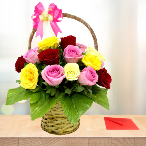 Fragrance Of Love - 12 Mix Roses Basket + Card