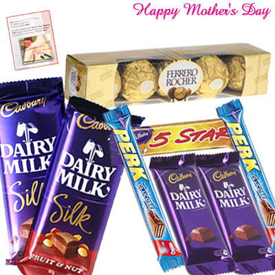 Wonderful Gift for Mom - 5 Assorted Bars , 2 Silk 69 gms each, Ferrero Rocher 4 Pcs and Card