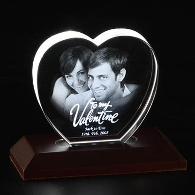 Heart Shaped 3D Crystal - 3 with LED Light Base & Card
