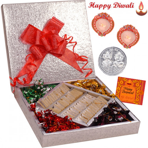 Stunning Gift Box - Kaju Katli 500 gms & Handmade Chocolates 500 gms  in a decorative box with 2 Diyas and Laxmi-Ganesha Coin