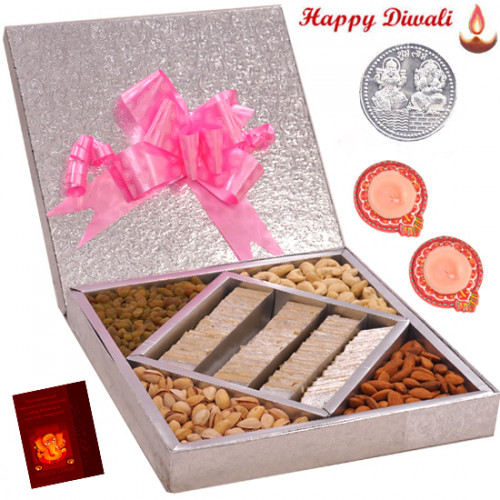 Magnetic Diwali Treat - Kaju Katli 500 gms & Mix Dry fruits 500 gms  in a decorative box with 2 Diyas and Laxmi-Ganesha Coin