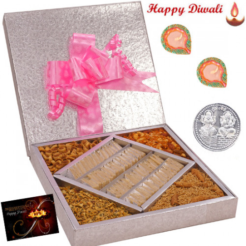 Sweet n Spicy Gift - Kaju Katli 500 gms & Assorted Namkeen 500 gms  in a decorative box with 2 Diyas and Laxmi-Ganesha Coin