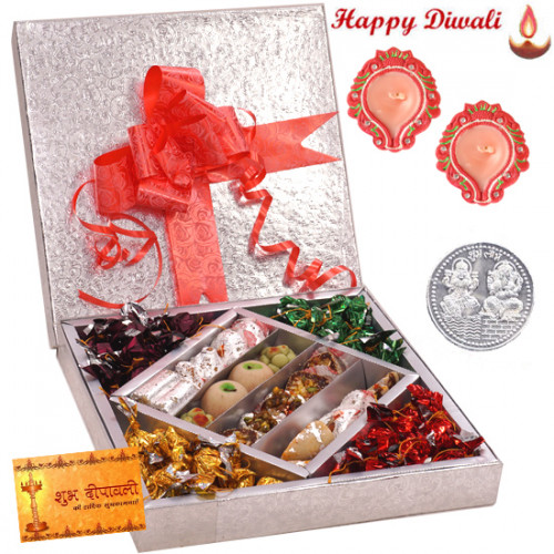 Amazing Treat for You - Kaju Mix 500 gms & Handmade Chocolates 500 gms  in a decorative box with 2 Diyas and Laxmi-Ganesha Coin
