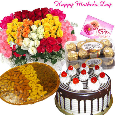 All in One Hamper - 100 Mix Roses, Ferrero Rocher 16 pcs, Assorted Dryfruits 800 gms Basket, 1 Kg Black Forest Cake and Card