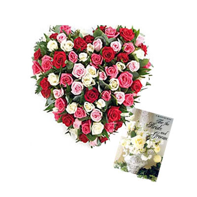 Colorful Arrangement - 50 Multicolor Roses Heart Shaped + Card