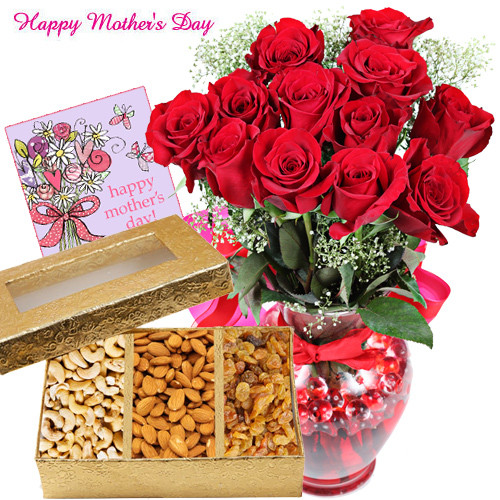 Basket of Love - 12 Red Roses in Vase, Assorted Dry Fruit Box 400 gms and Card