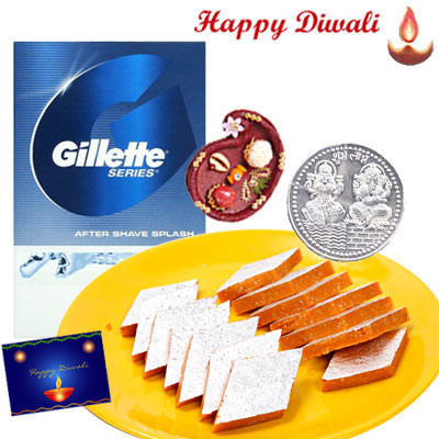 Bhaidooj Special - Gillete After Shave, Kaju Katli with Bhaidooj Tikka and Laxmi-Ganesha Coin