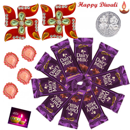 Cadbury Diwali Hamper - 10 Dairy Milk (M), Auspicious Swastika with 4 Diyas and Laxmi-Ganesha Coin
