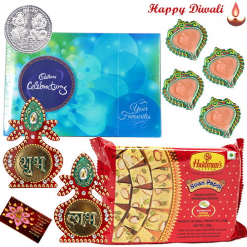 Celebration Treat - Haldiram Soan Papdi 250 gms, Celebrations, Kalash Shubh Labh with 4 Diyas and Laxmi-Ganesha Coin