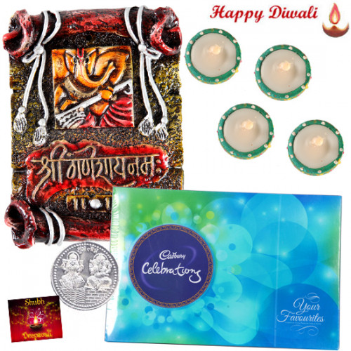 Cheerful Hamper - Ganesha Frame, Celebration with 4 Diyas and Laxmi-Ganesha Coin