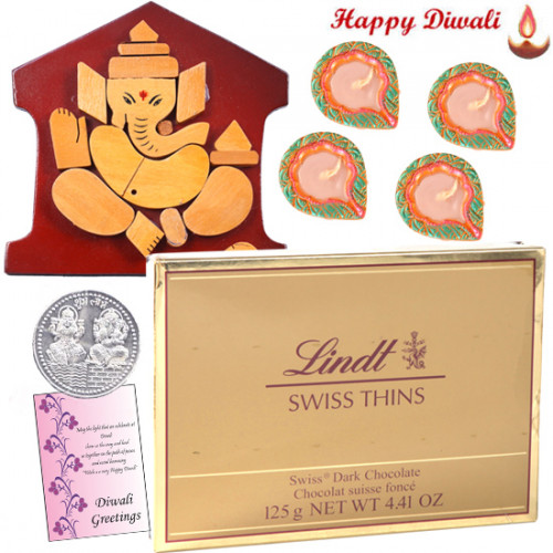 Choco Carnival - Lindt Swiss Thins Chocolate, Ganesha Wooden Slab with 4 Diyas and Laxmi-Ganesha Coin