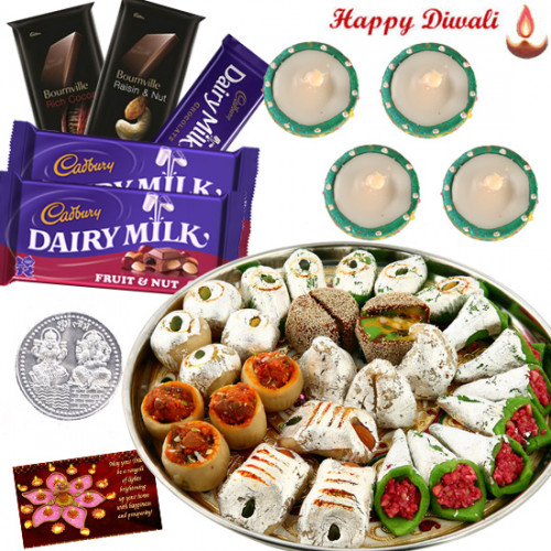 Choco Kaju Mix - Kaju Mix 250 gms, 2 Fruit & Nut, 2 Bournville, 1 Dairy Milk Bar with 4 Diyas and Laxmi-Ganesha Coin