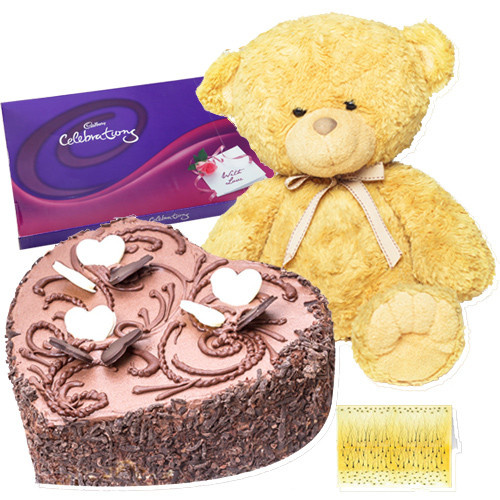 Choco with Teddy - Heart Shaped Chocolate Cake 1 kg + Teddy 6 inch + Celebrations + Card