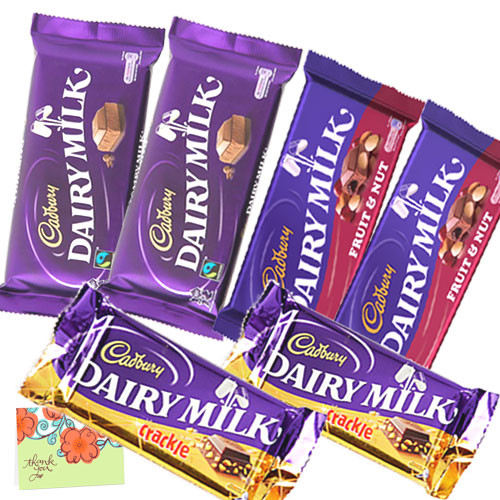 Chocolate Bars - 2 Cadbury Dairy Milk Fruit & Nut, 2 Cadbury Dairy Milk Crackle, 2 Cadbury Dairy Milk Chocolate (L) & Card