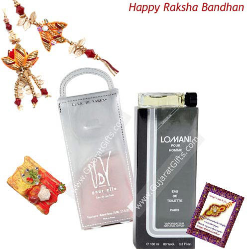 Combo of Perfumes - Lomani Original + UDV Perfumes with Bhaiya Bhabhi Rakhi Pair and Roli-Chawal