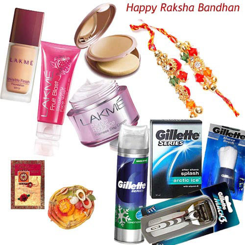 Cosmetic Hamper - Gillette Shaving Kit + Lakme Total Care with Bhaiya Bhabhi Rakhi Pair and Roli-Chawal