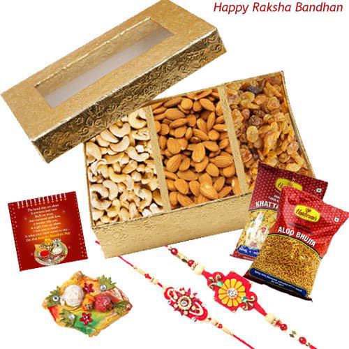 Crispy n Crunchy - Assorted Dry Fruits box, 2 Haldiram Namkeen with 2 Rakhi and Roli-Chawal