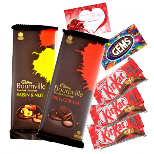 Delicious Chocolates - Cadbury Bournville Rich Cocoa, Cadbury Bournville Raisin n Nut, 3 Kitkat, Gems & Card