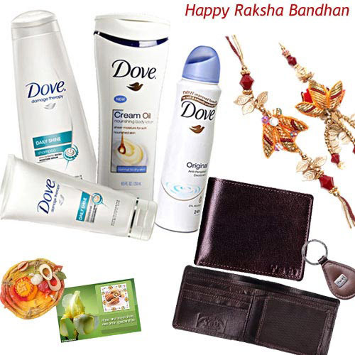 Delightful Hamper - Dove Shine Hamper + Slim Leather Wallet with Bhaiya Bhabhi Rakhi Pair, Free Greeting Card & Roli-Chawal