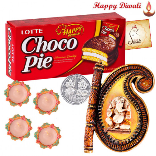 Divine Blessings - Mango Ganesha, Chocopie with 4 Diyas and Laxmi-Ganesha Coin