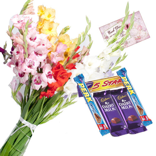Divine Combo - 18 Mix Orchids Vase + 5 Assorted Bars + Card