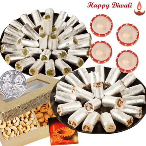 Diwali Sweet Treat - Kaju Pista Roll 250 gms, Kaju Anjir Roll 250 gms, Cashew Almond with 4 Diyas and Laxmi-Ganesha Coin