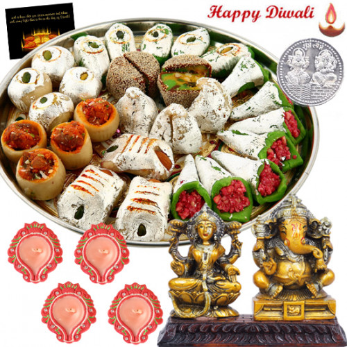 Diwali Sweets Combo - Kaju Mix 250 gms, Laxmi Ganesh Idol with 4 Diyas and Laxmi-Ganesha Coin