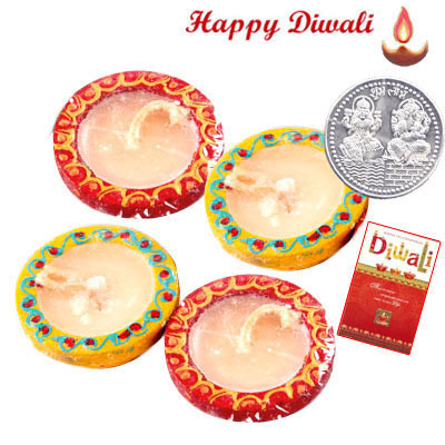 Diya Extravaganza - 4 Wax Filled Diyas with Laxmi-Ganesha Coin