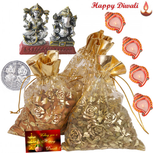 Dry Fruits Potli - Cashew & Almond & Raisin in Potli, Laxmi Ganesh Idol with 4 Diyas and Laxmi-Ganesha Coin