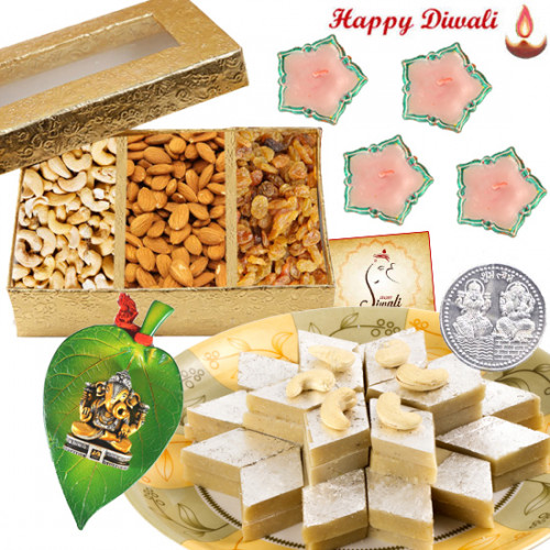 Dry Sweets - Assorted Dryfruits 200 gms, Kaju Katli 250 gms, Ganesha On Leaf with 4 Diyas and Laxmi-Ganesha Coin