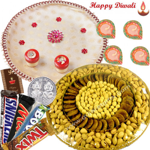Elegant Dryfruits - Assorted Dryfruits Basket 800 gms, Snickers, Twix, Mars, Bounty, Puja Thali (W) with 4 Diyas and Laxmi-Ganesha Coin