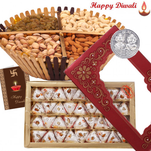 Festive Treat - Kaju Pista Pan 250 gms, Assorted Dry fruits 200 gms Basket with Laxmi-Ganesha Coin