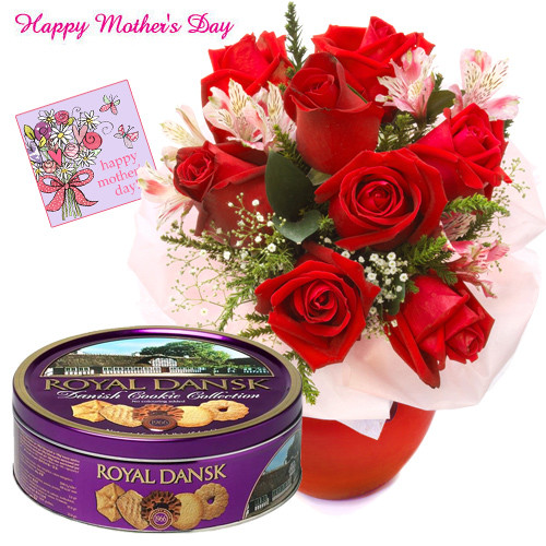 For Dear Mom - 12 Red Roses Vase, Danish butter cookies and Card