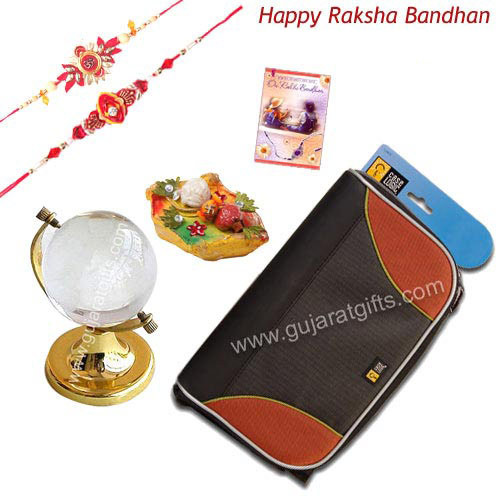 For Dearest Brother - Crystal Globe + CD Holder with 2 Rakhi and Roli-Chawal