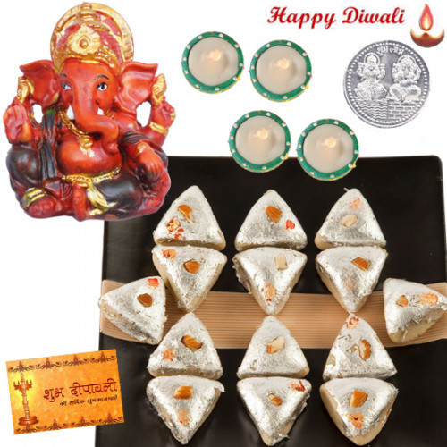 Ganesha Puja Hamper - Red Ganesha, Kaju Pan with 4 Diyas and Laxmi-Ganesha Coin