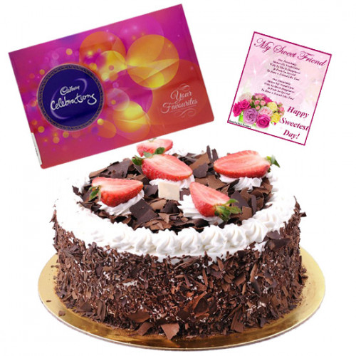 Grand Celebrations - Black Forest Cake 1 kg, Celebrations 121 gms and Card