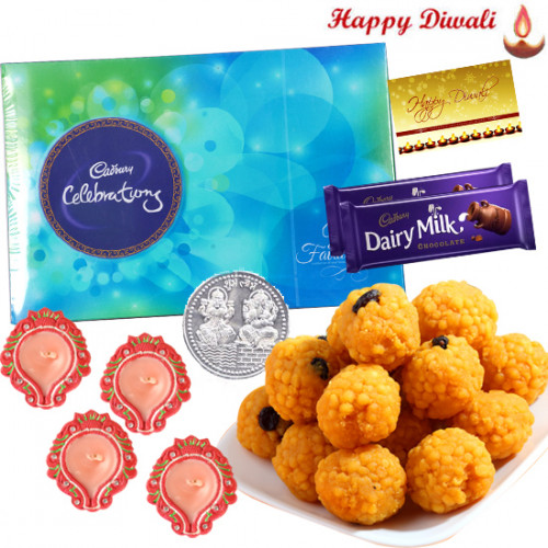 Grand Treat - Cadbury Celebrations, Kaanpuri Laddoo 250 gms, 2 Dairy Milk Bars with 4 Diyas and Laxmi-Ganesha Coin