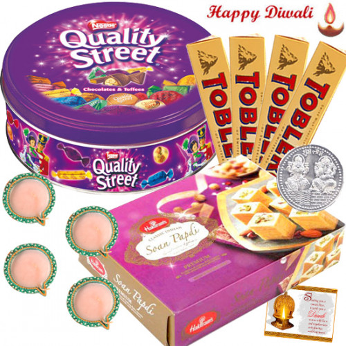 Incredible Gift - Nestle Quality Street, Haldiram Soan Papdi 500 gms, 4 Toblerone with 4 Diyas and Laxmi-Ganesha Coin