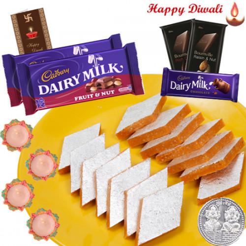 Kesar Kaju Treat - Kesar Kaju Katli 250 gms, 2 Fruit & Nut, 2 Bournville, 1 Dairy Milk Bar with 4 Diyas and Laxmi-Ganesha Coin