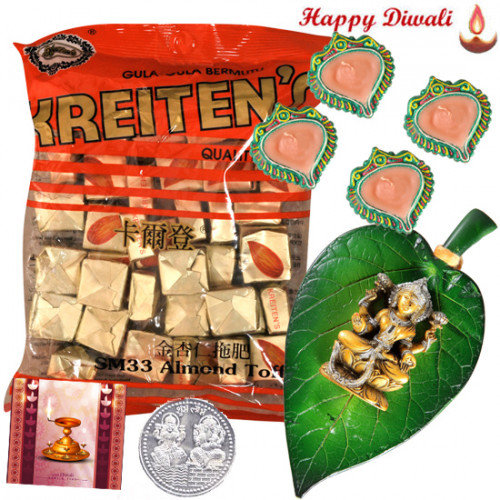 Laxmi Puja Hamper - Laxmiji on Leaf, Kreitens with 4 Diyas and Laxmi-Ganesha Coin