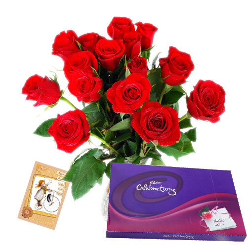 Love All Around - 12 Red Roses in Vase + Cadbury Celebration 128 gms + Card