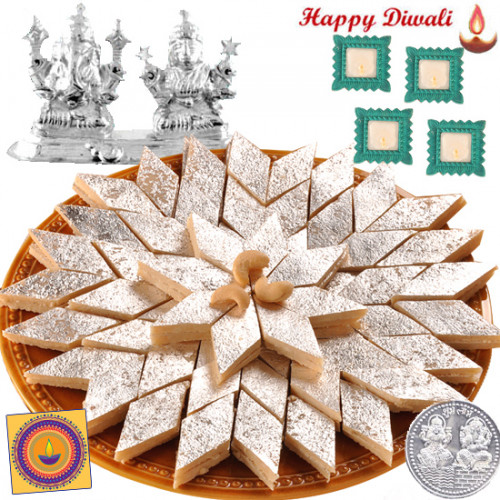 Lovely Tradition - Kaju Katli 500 gms, Silver Laxmi Ganesh 20 gms with 4 Diyas and Laxmi-Ganesha Coin