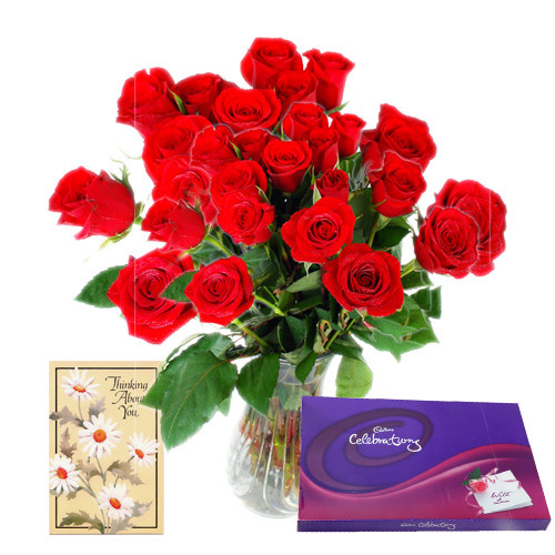 Loving Thoughts - 25 Red Roses in Vase + Cadbury Celebration 128 gms + Card