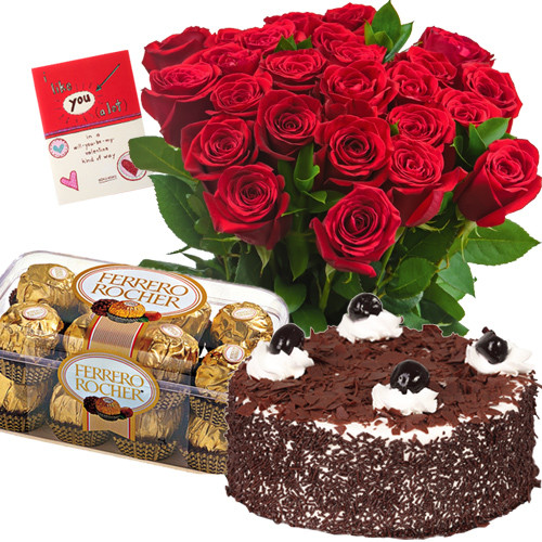 For My Dear Ones - 12 Red Roses + Ferrero Rocher 16 pcs + 1/2kg Cake + Card