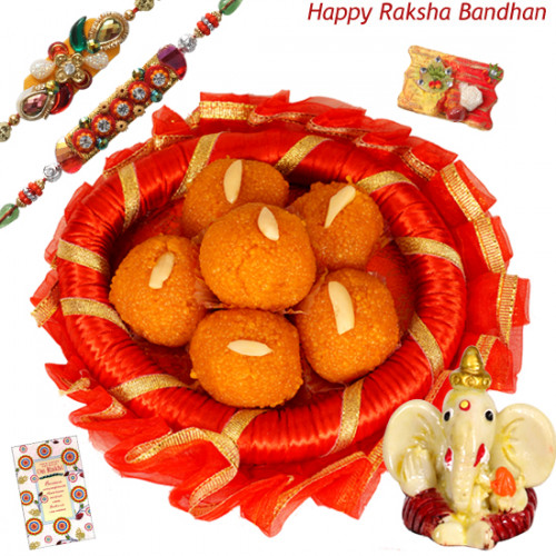 Rakhi Blessings with Ladoo - Kaanpuri Ladoo, Decorative Thali (R), Ganesh Idol with 2 Rakhi and Roli-Chawal