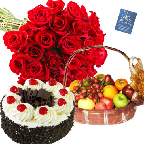 More and More Sweet - 15 Red Roses Bouquet, Black Forest Cake 1/2 Kg, 2 Kg Fruits in Basket and Card
