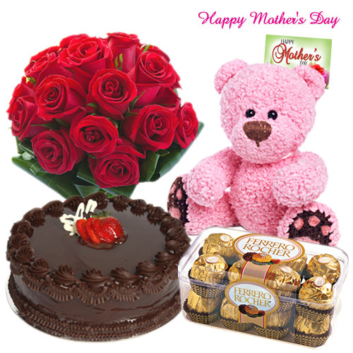 My Special Mom - 12 Red Roses bouquet, 1/2 Kg Delicious Cake, Ferrero Rocher 16 pcs, 6 inch Teddy and Card