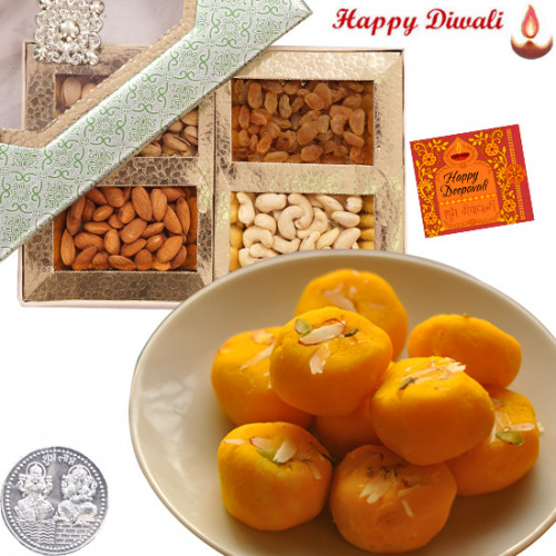 Nice Hamper - Kesar Penda 250 gms, Assorted Dry fruits 200 gms with Laxmi-Ganesha Coin